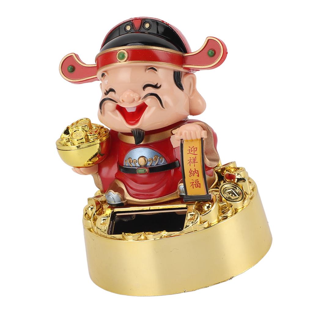 God of Wealth Figurine Solar Powered Automatic Nodding Durable Cai Shen Statue Decor for Home Car