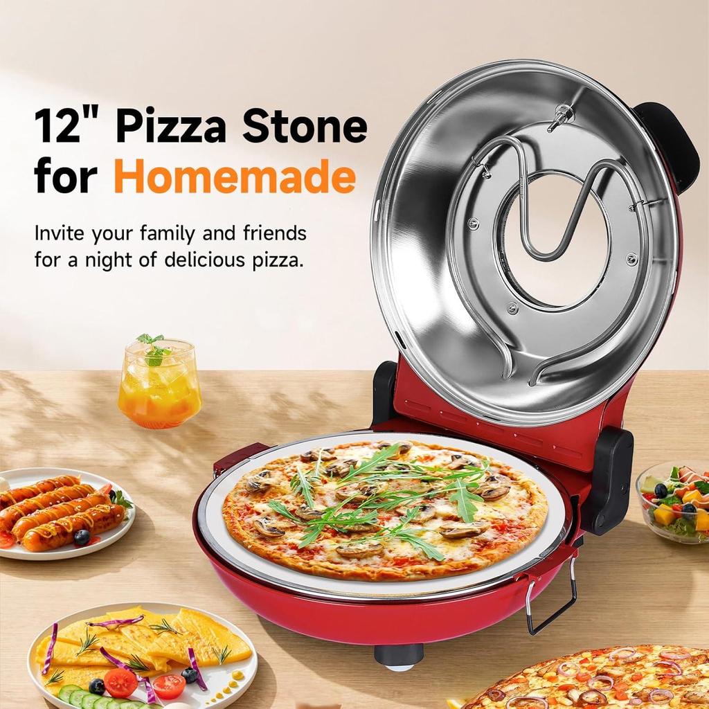 420-degree Ceramic Stone Pizza Oven, 12-inch Pizza Oven, 1200W Countertop Pizza Maker with Built-in Thermometer and Timer