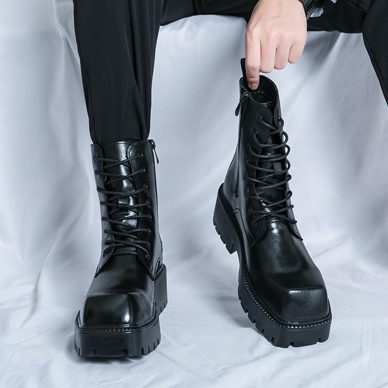 Korean Version Men's Classic Thick Soled Non Slip Comfortable High Top Boots Autumn Lace Up Business Casual Leather Boot