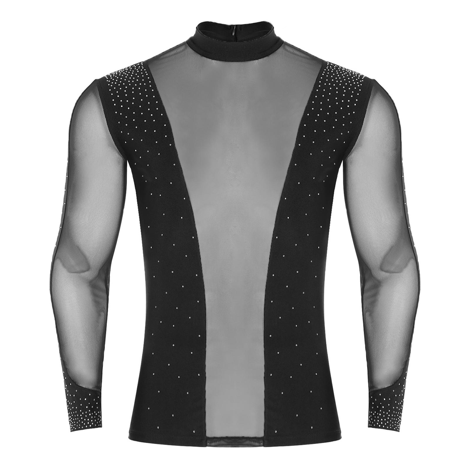 

Чоловічий топ для латиноамериканських танців Прозора сітчаста вставка Паєтки Імітація горловини Довгий рукав Футболка Блузка для сценічних виступів M чорний