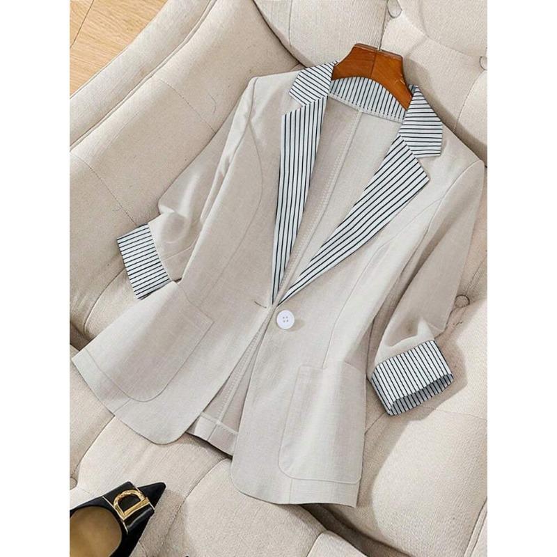 Autumn Winter Elegant Fashion Striped Patchwork Cardigan Blazers Women Turn Down Collar Casual Suit Coat