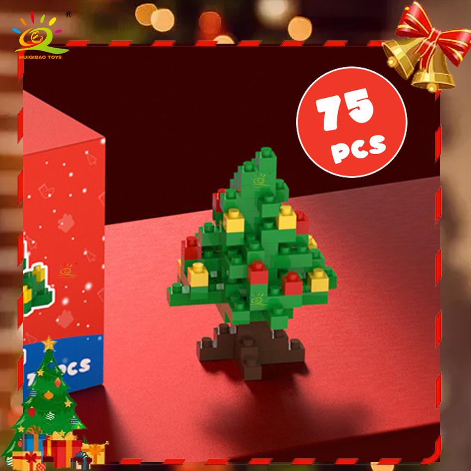 HUIQIBAO Mini Christmas Tree Santa Claus Children Train Model Micro Bricks Building Block Snowman Elk Bricks Toys New Year Gift