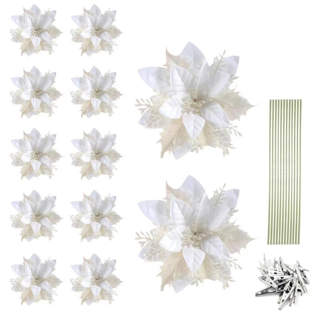 12Pcs With Clips Glitter Xmas Tree Ornaments Multi-color Christmas Floral Decorations  Wedding Decor