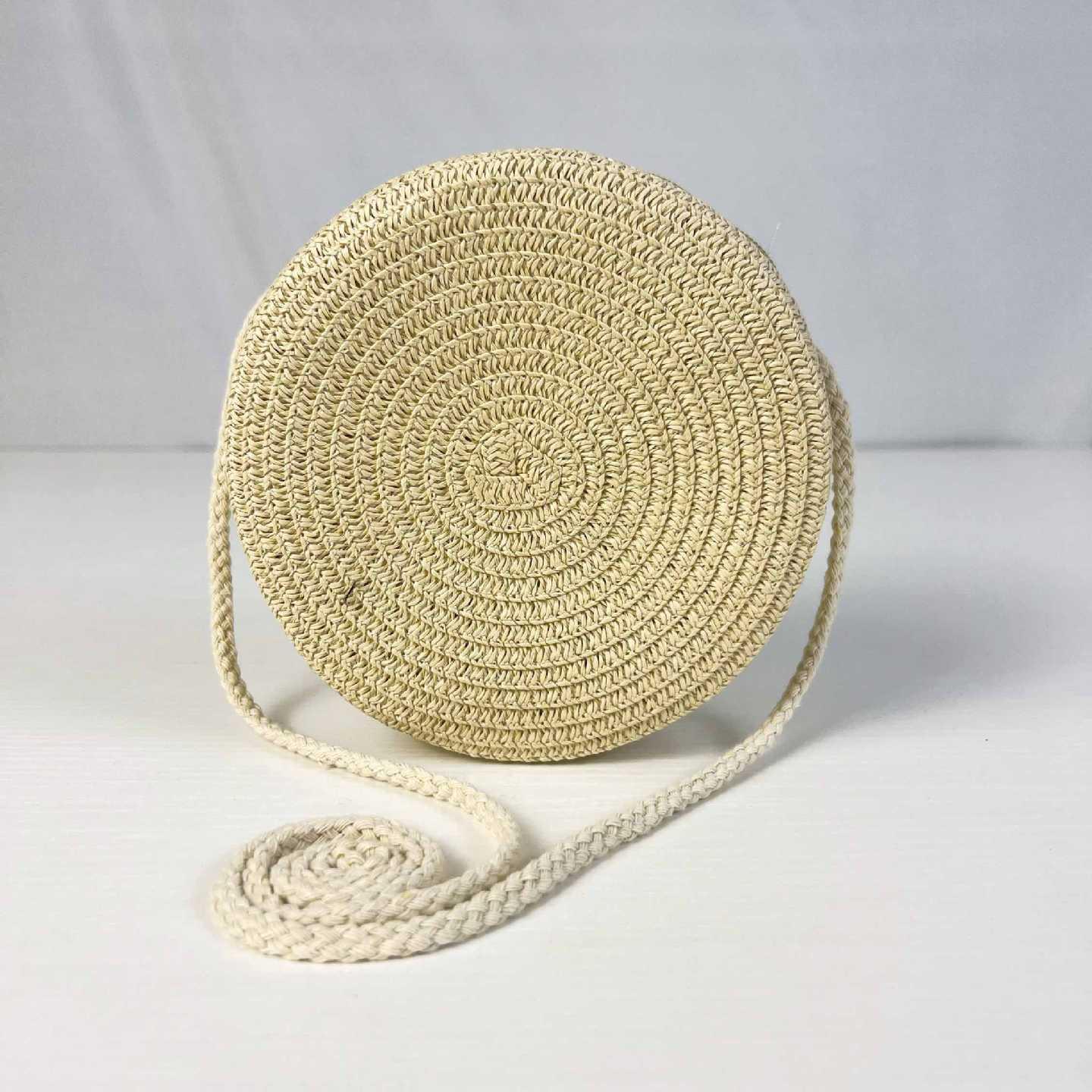 

Круглая женская тканая пляжная сумка через плечо из ротанга, вязаная маленькая соломенная сумка ручной работы на плечо 16x7x16