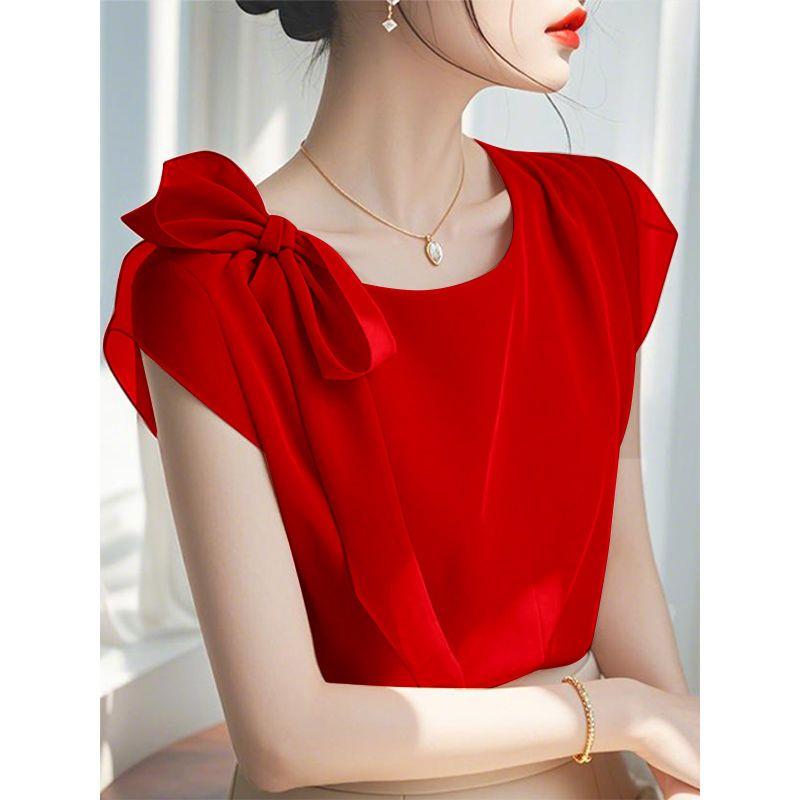 Nové francouzské vysoce kvalitní šifonové tričko pro ženy s niche krásou, krátký rukáv, volné, růžový top na léto