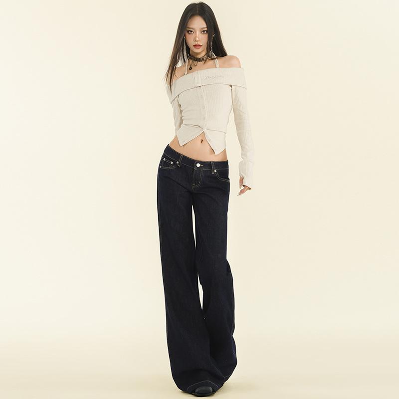 Women's Original Blue Micro-Flare Low-Rise Jeans, Autumn/Winter 2024: Trendy Slimming Wide-Leg Style