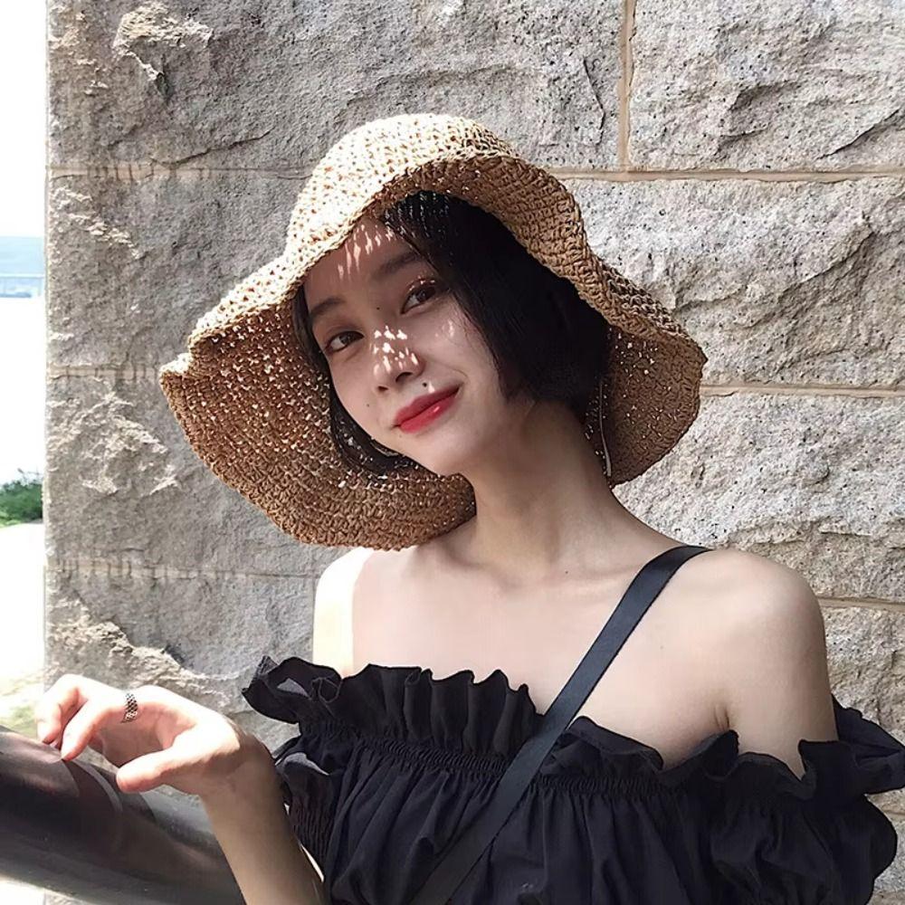 Korean Style Beach Sun Hat Anti-UV Summer Bucket Hat Simple Crochet Straw Hat Fishing