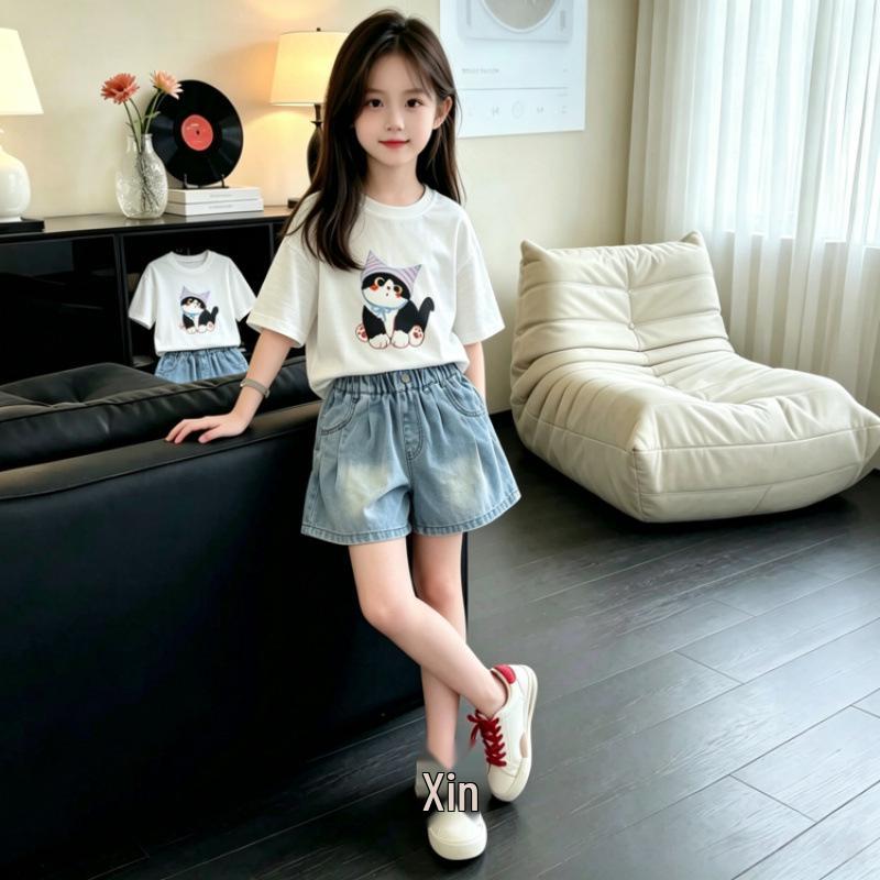 Girls' Cat Cartoon Summer T-shirt & Denim Shorts Two-Piece Set (2026)