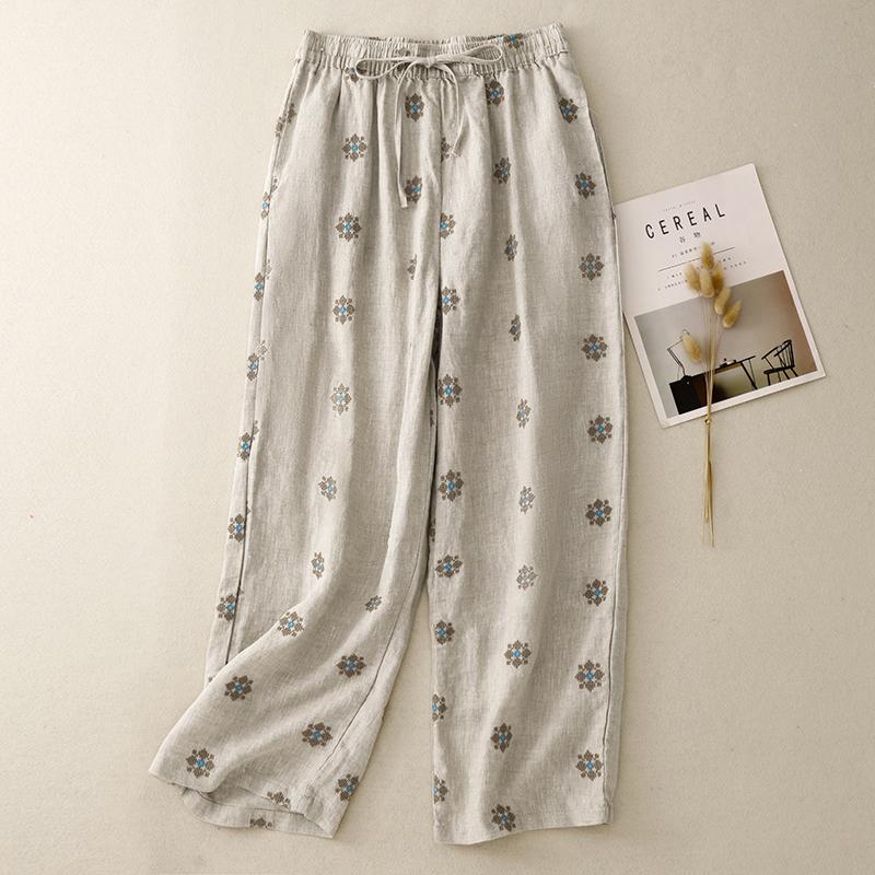 

Женские хлопково-льняные брюки с принтом, повседневные, женские, летние, корейская мода, литературный темперамент, на кулиске, с высокой талией, прямые S бежевый