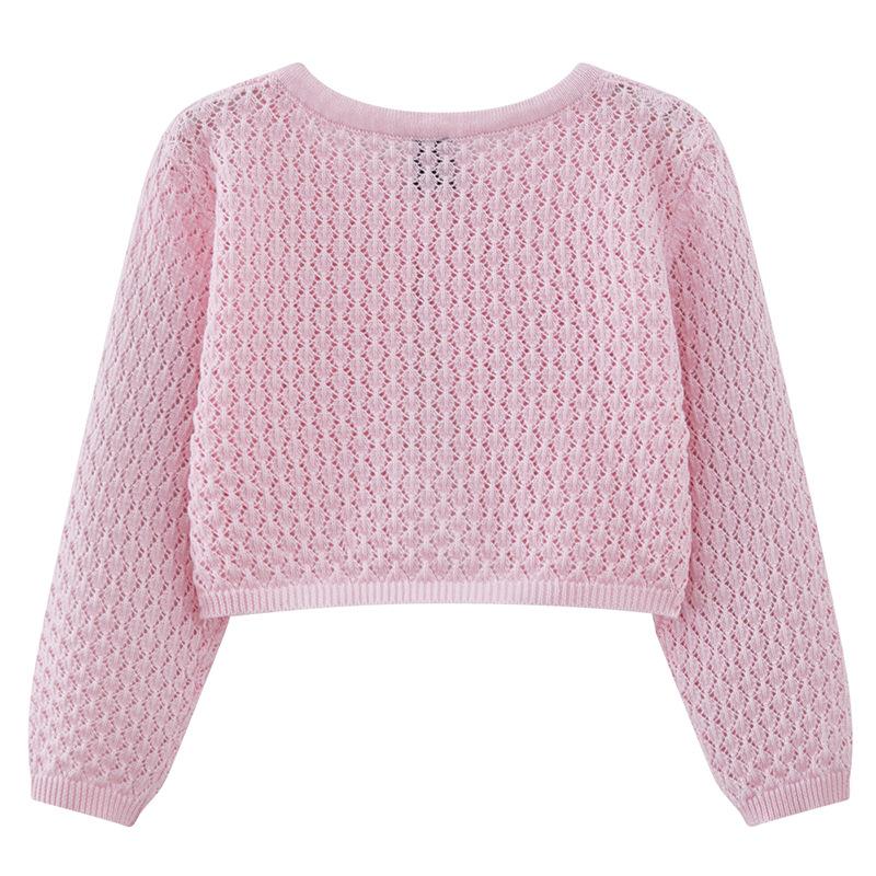 Round Neck Hollow Baby and Toddler One Button Shawl Coat Thin Style Girls Knitted Cardigan Coat