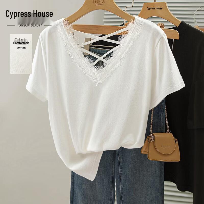 Women s V-Neck Lace-Trim Short Sleeve T-Shirt S