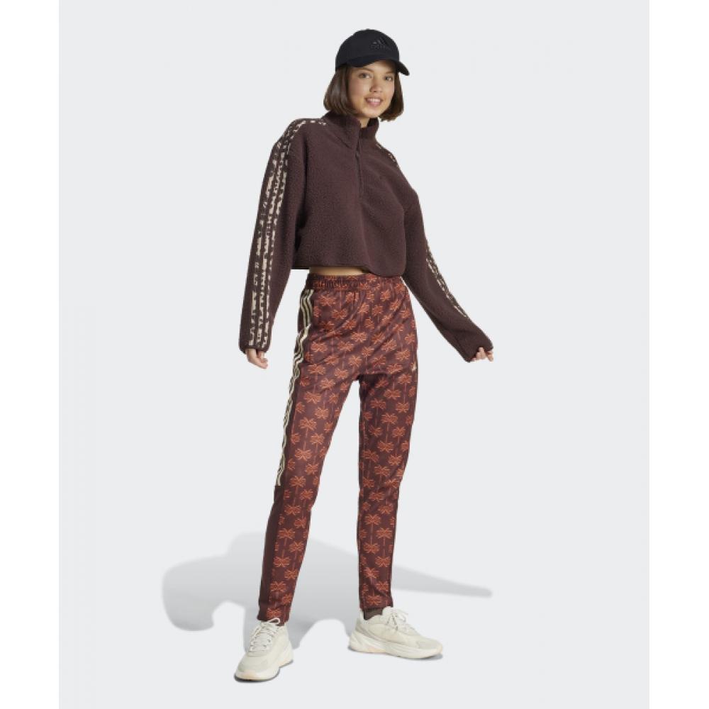 Adidas Animal Print Fleece Cropped Half Zip Top   Brown Iy5010