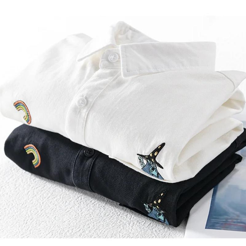 Chic Embroidered White Shirts for Men Spring and Summer Streetwear Youth New Casual Tops Pure Cotton Long Sleeve Shirt Korean Style Men Clothing