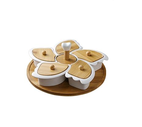 White Ceramic with Turntable Five Grid Fruit Plate with Wooden Lid Rotatable Snack Platter Dessert Snack Tray Fruit Plate Set