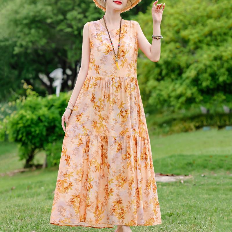Elegant Sleeveless Dress for Women Plus Size Short Sleeve Vintage Print Long Dress Summer Casual Middle-aged Women's Clothing