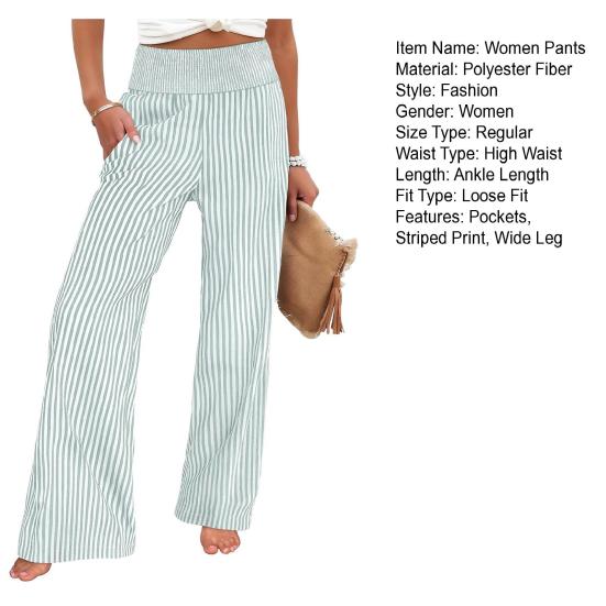Women Pants Striped Print Wide Leg Trousers with Pockets Loose Fit Elastic High Waist Casual Pants Work Travel Daily Wear