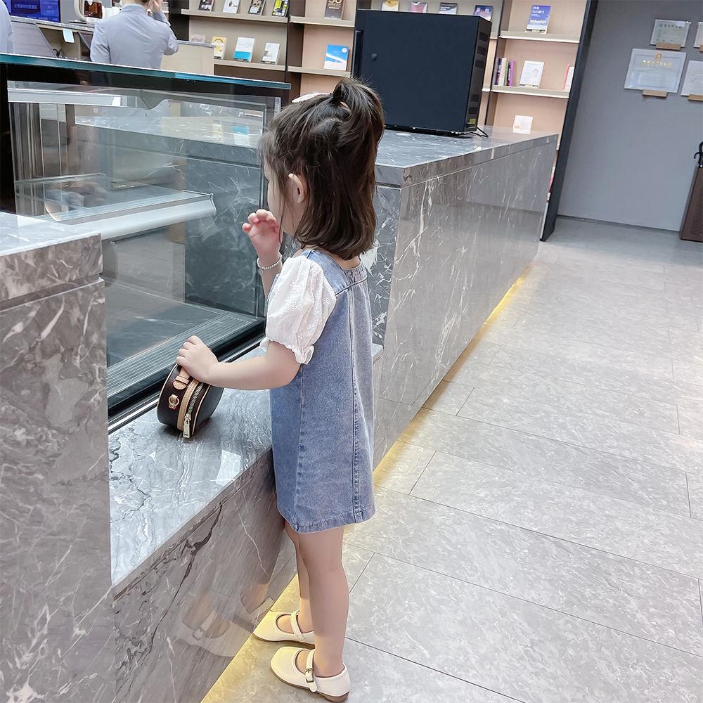 Children Dress Summer Girl's Denim Skirt with Strap Single Breasted Ruffle Short Sleeve Denim Skirt