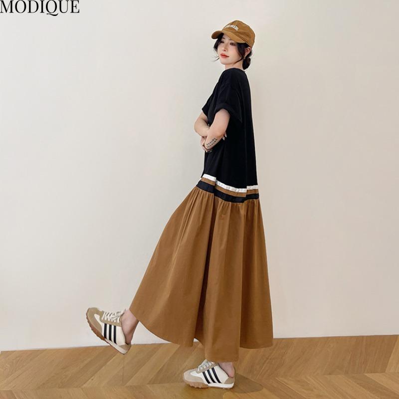 MODIQUE Summer Plus Size New Women Basic Loose Minimalist Color Matching T-Shirt Patchwork Long Dresses Female Casual Short Sleeve O-Neck Dresses