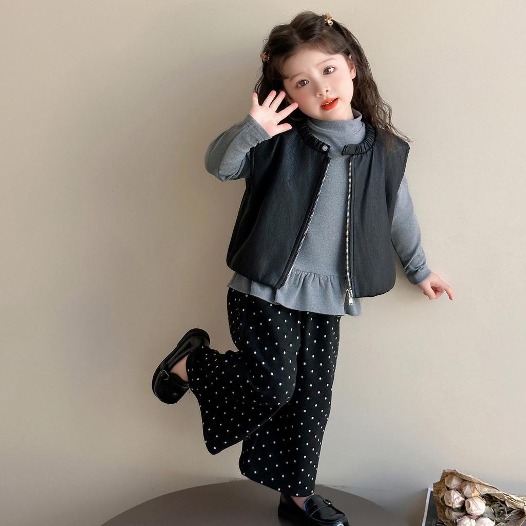 Jesień 2025 Zestaw Mody Dziewczęcej: Zestaw Trzyczęściowy Koszulka Bazowa w Stylu Koreańskim i Skórzana Kamizelka