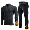 One Set Mock Neck Men's Sportwear Winter Warm Quick Drying Running Fitness T Shirt+ Pants Fleece Lined Base Layer Long Sleeve Top & Legging