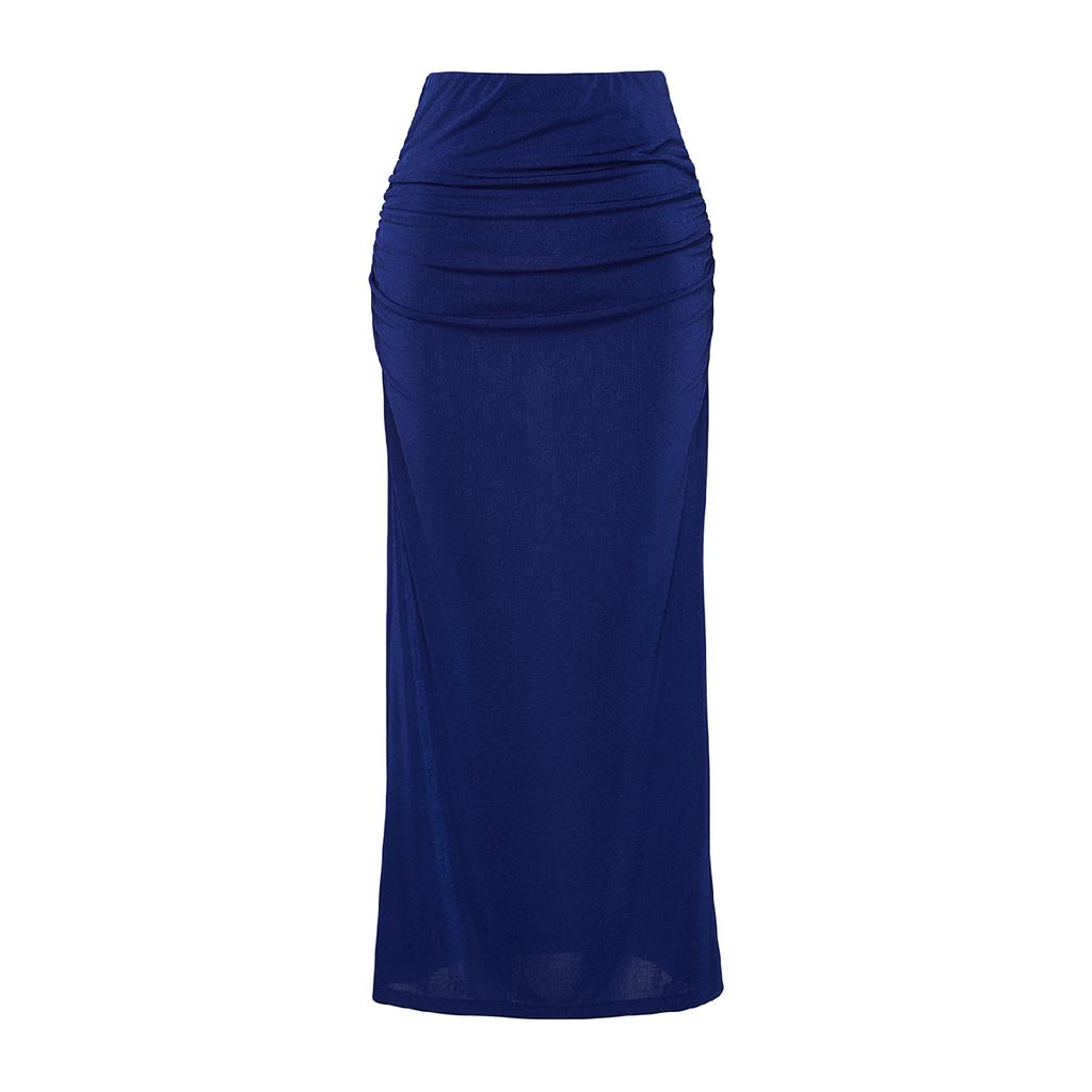 Navy Blue Premium Shiny Surface And Soft Textured Draped Maxi Knitted Skirt Twoaw24et00090