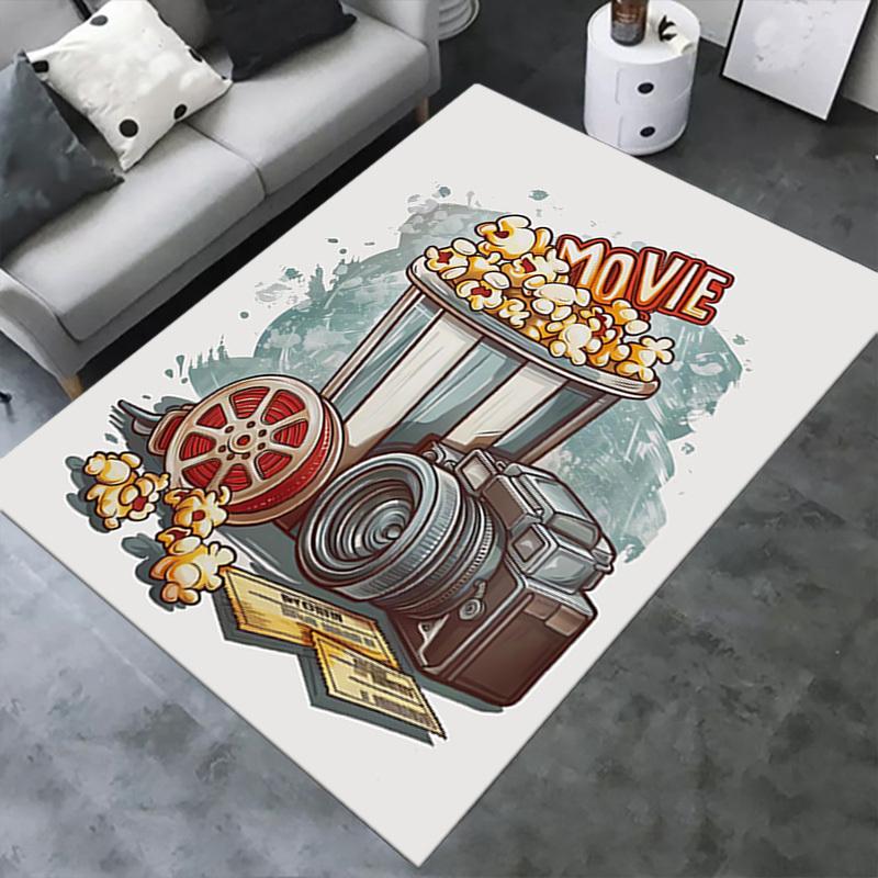 Office Carpet: Movie Night Essentials Popcorn Bucket, Camera, Film Reel, and Tickets for Your Home C