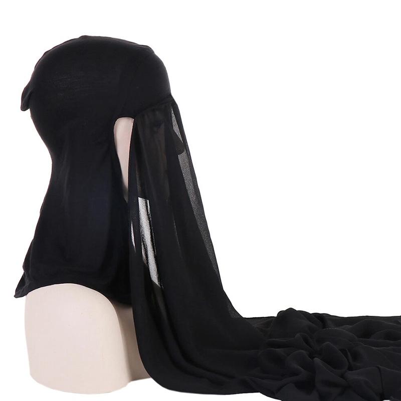 1Pc Muslim Shawl Scarf Chiffon Hijab Breathable Turban Head Wrap Women Solid Color Polyester With Inner Cap