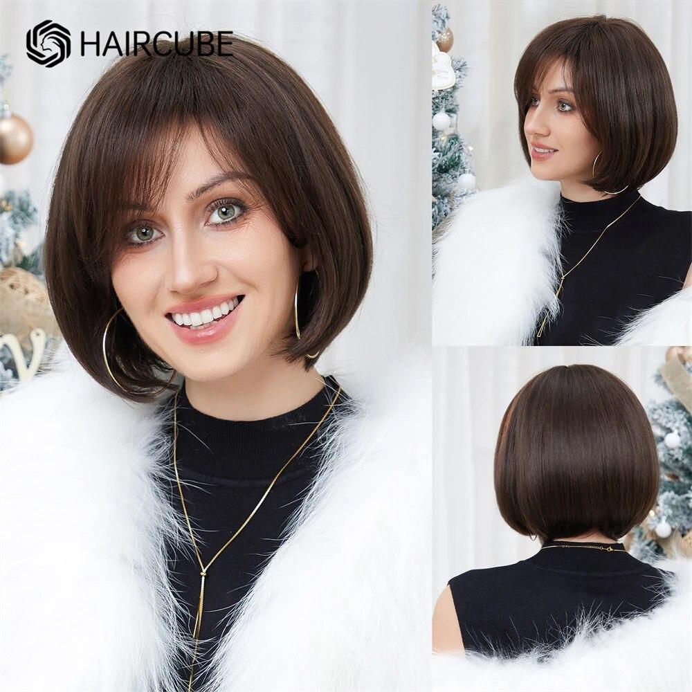 

HAIRCUBE Натуральні чорні хвилясті перуки зі суміші людського волосся Синтетичні перуки довжиною до плечей із чубчиком Термостійкі використання для жінок з людським волоссям