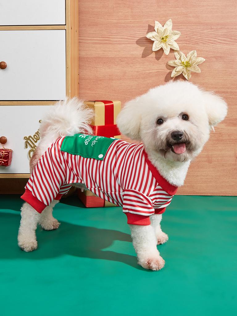 Dog Pajamas Letters Printed Soft Striped Dog Clothes Jumpsuit Dog Costumes for Small Medium Puppy Dog Cat Warm Apparel Christmas