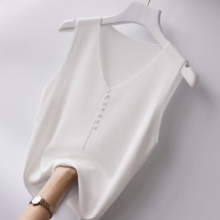 Spring and summer V-neck ice silk suspender vest women's outer wear knitted vest women's summer thin bottom sleeveless vest