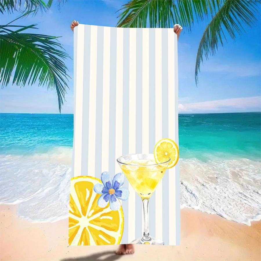 Beach Towel Sand Free Quick Dry Microfiber Lemon Cocktail Print Blue White Striped Towels for Adults Pool Swim Camping Travel