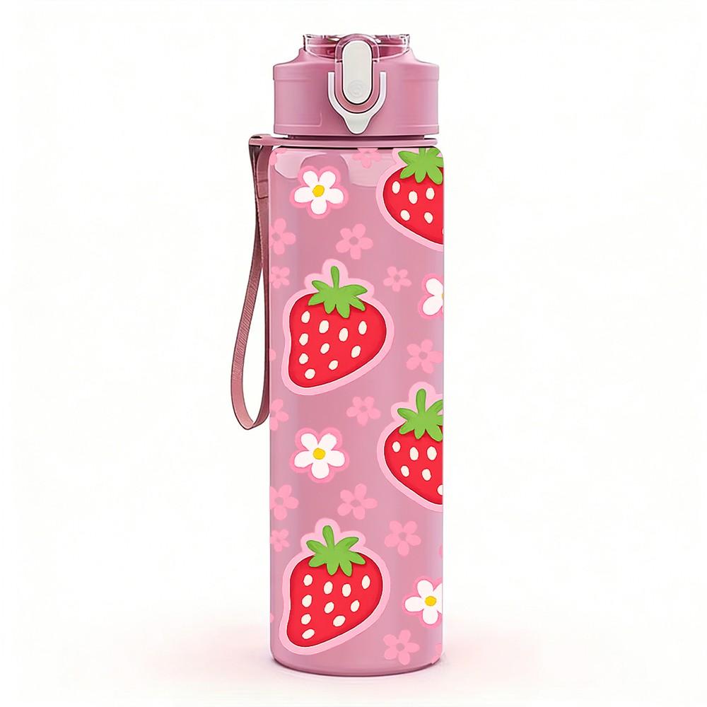 1PC Red Strawberry Fruit Seamless Pattern Print 750ml Color Plastic Sports Water Bottle Leakproof Flip Straw Lid Suitable for Sports Office Home Use