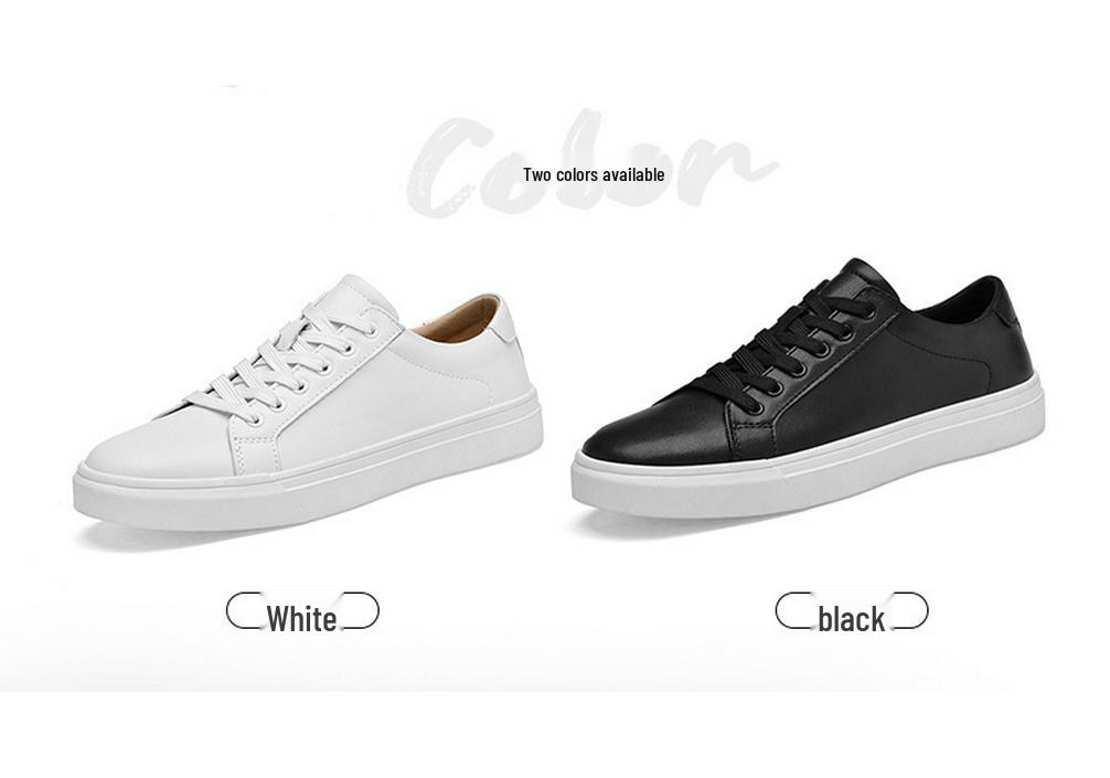Men's White Low-Top Casual Cowhide Shoes with Thick Sole and Breathable, Versatile Round Toe Design.