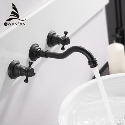 Grifos de Lavabo Montados en Pared Latón Grifo Mezclador para Lavabo de Baño Grifo 3 Piezas Grifo Negro Grifos Mezcladores de Lavabo de Doble Manija WF-11088