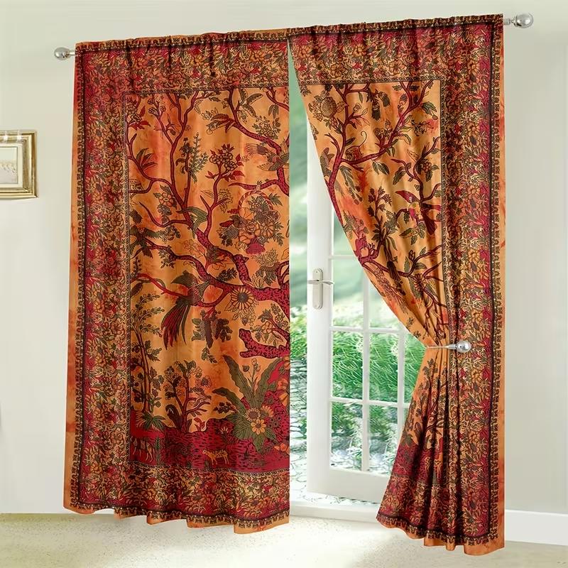 

Botanical Curtains Red Orange Floral Tree Pattern Retro Style Living Room Bedroom Decor Curtain Set Of 2 Vintage Made Polyester With Rod Pocket W100*H70(CM)-Rod Pocket&1PCS