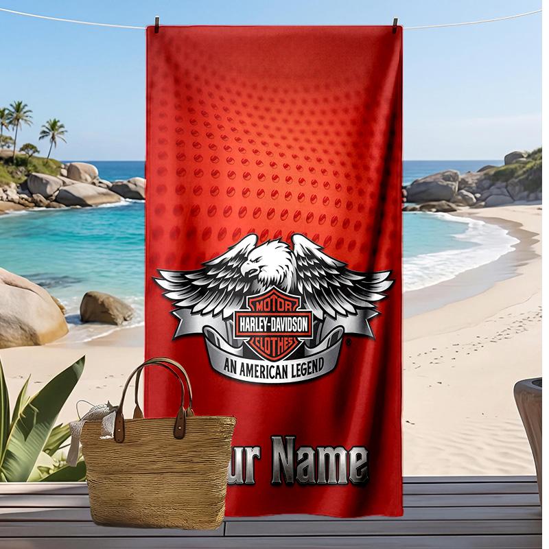 Asciugamano da Spiaggia Personalizzato Harley-Davidson, Stampa il Tuo Nome Testo Asciugamano Leggero Assorbente per Nuoto Viaggio