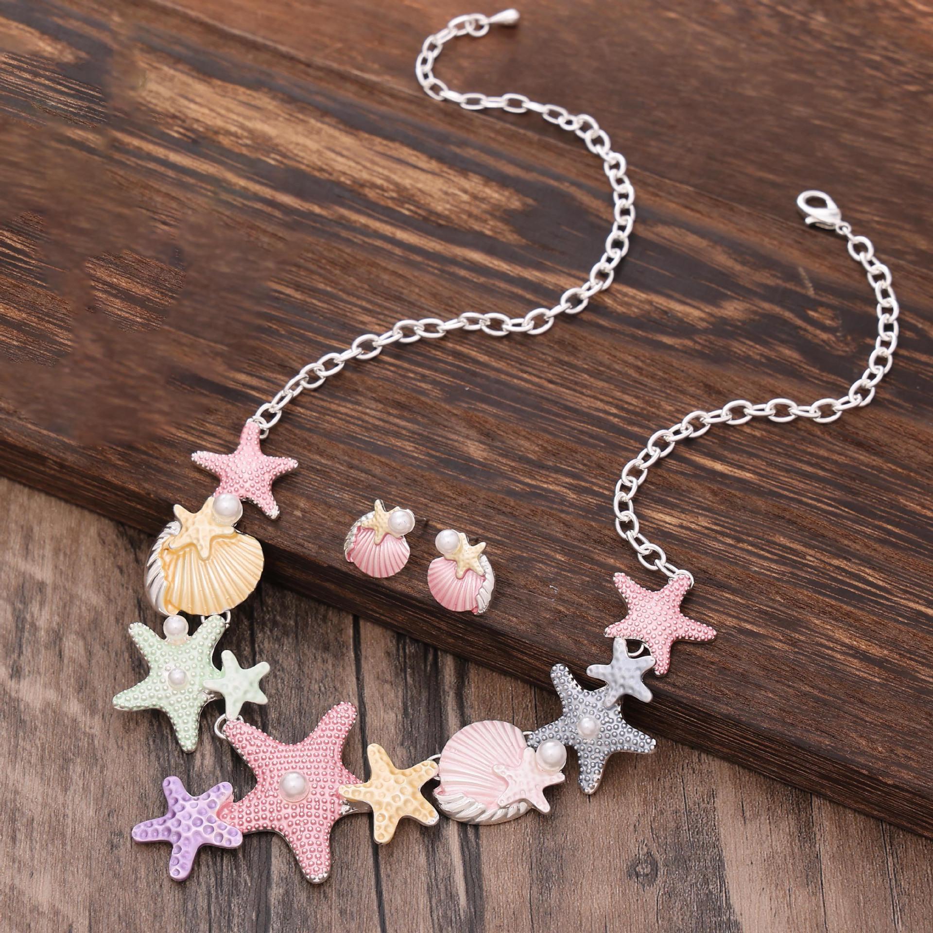 

Цветная живопись маслом милый набор ожерелья и серег-гвоздиков с морской звездой, маленькое свежее женское универсальное ожерелье с морской звездой