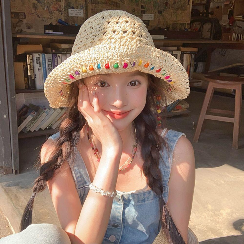 Foldable Lace Brim Sunshade Cap Breathable Sun Protection Cap Handmade Woman's Straw Hat  Outdoor