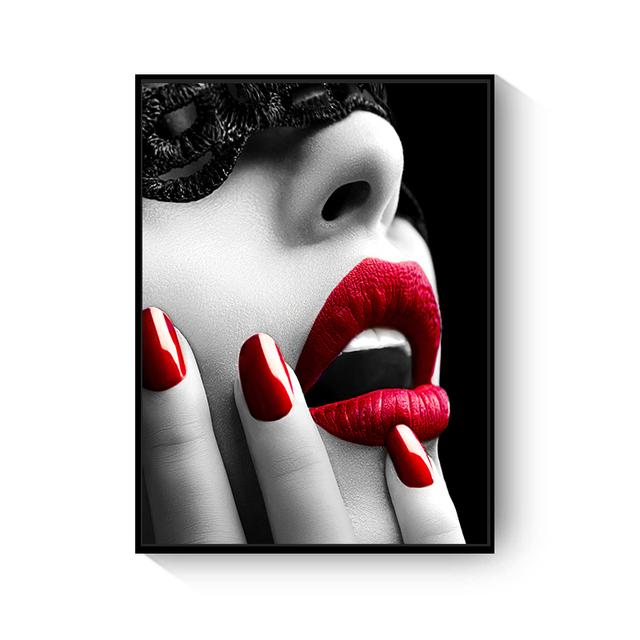 Modern Fashion Women's Red Lip Nail Wall Art Sexy Women's Masked Oil Painting Nordic