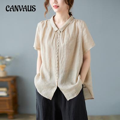 Didelio dydžio vasariniai moteriški marškiniai Literary laisvi vienspalviai medvilniniai lininiai atvartai trumpomis rankovėmis