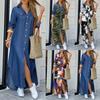 Fashion Women Long Sleeve Slitting Hem Pockets Single-breasted Maxi Shirt Dress