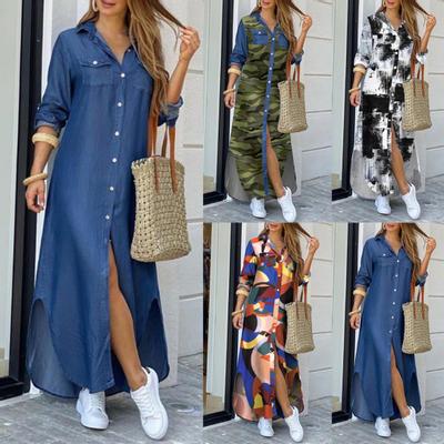 Fashion Women Long Sleeve Slitting Hem Pockets Single-breasted Maxi Shirt Dress