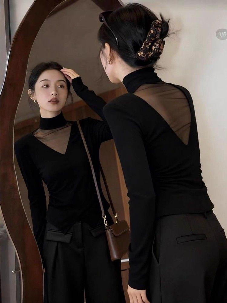 Women's Slim Fit Long Sleeve Top: Elegant Black Mesh Splice with Half-High Collar, Sheer Front/Back, Perfect for Autumn/Winter.