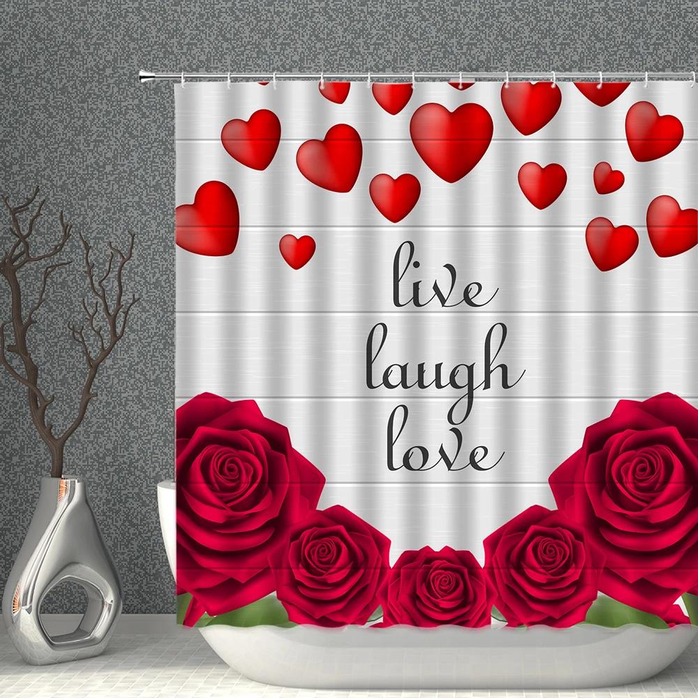 Love Shower Curtain Romantic Lover Rose Flower Piano Balloon Petal Bicycle Print Pattern Washable Household Decoration With Hook