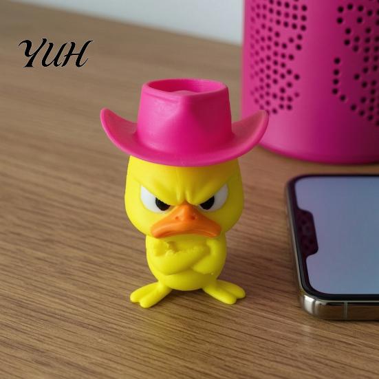 Cute Animal Sculptures Angry Duck Desk Figurine, 3D Printed Yellow Office Decoration with Cowboy Creative Birthday Gifts Hat, Little Ornament for Home
