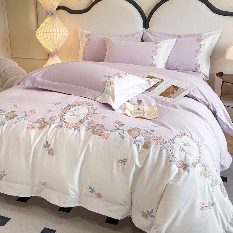 Set de lenjerie de pat de lux din bumbac integral cu broderie florală: Husă de plapumă și cearșaf de pat din bumbac de înaltă calitate cu fibre lungi.