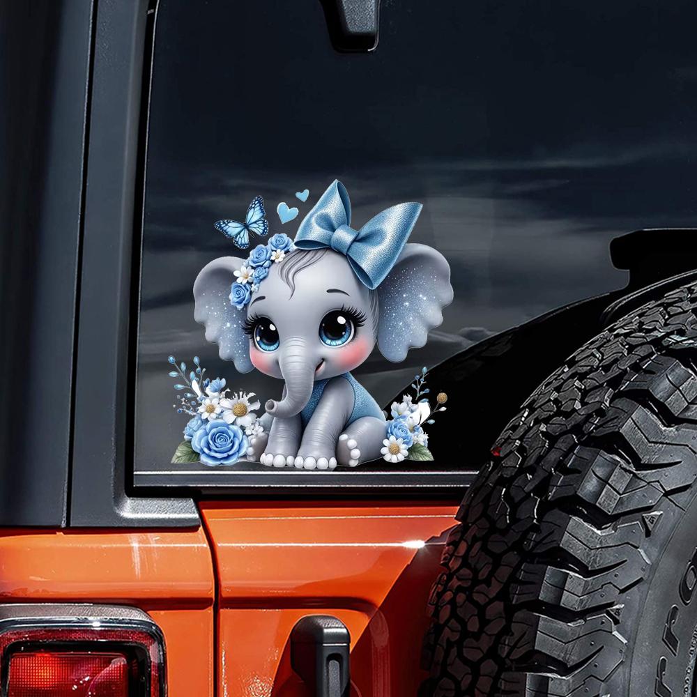 QT2340#15cm Gray Elephant With Blue Bow And Floral Decoration, Car Sticker for Laptop, Truck,Motorcycle, Window