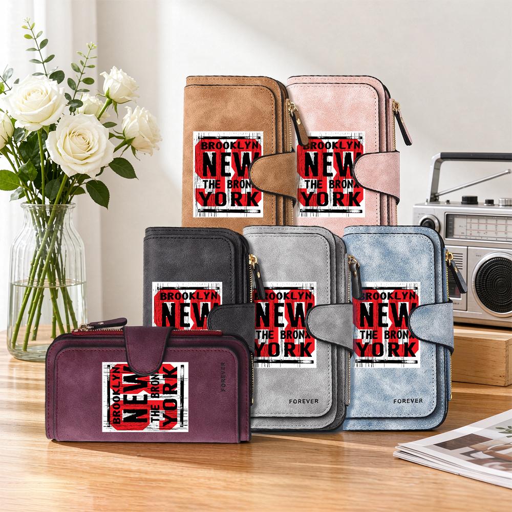 Vintage PU Leather Wallet Fashion New York Print Long Purse Casual Portable Multi Card Holder Daily Use Zipper Wallet