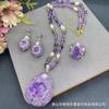 Natural Amethyst Rough Stone Baroque Pearl Set Necklace Earrings Bracelet Vintage French Style Womens Jewelry
