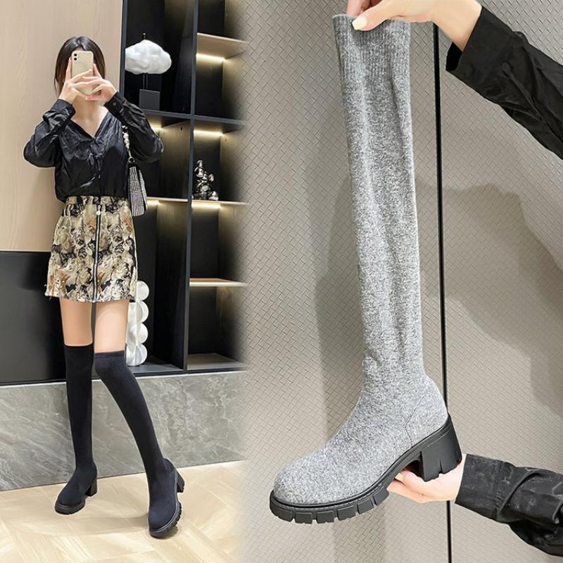 Sexy Slim Over The Knee Stretch Socks Boots Women Autumn Thick High Heels Long Boots Woman Anti-slip Platform Shoes Comfortable
